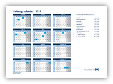 Feiertagskalender 2026- – kostenlose Vorlagen und Feiertagskalender zum herunterladen