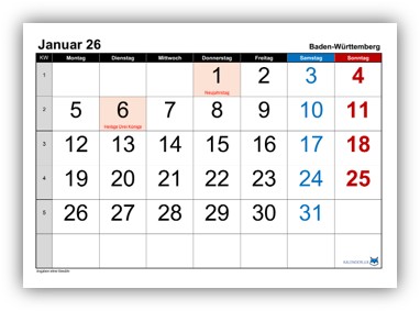 Monatskalender 2026 Baden-Württemberg