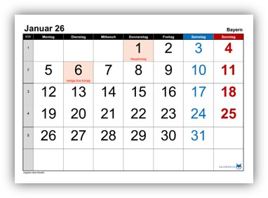 Monatskalender 2026 Bayern