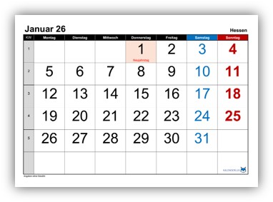 Monatskalender 2026 Hessen