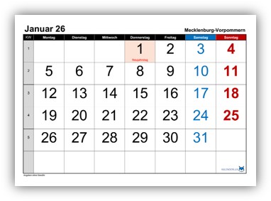 Monatskalender 2026 Mecklenburg-Vorpommern