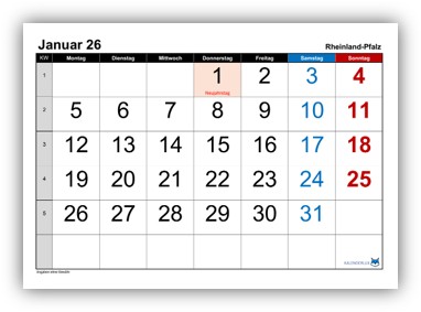 Monatskalender 2026 Rheinland-Pfalz