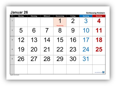 Monatskalender 2026 Schleswig-Holstein