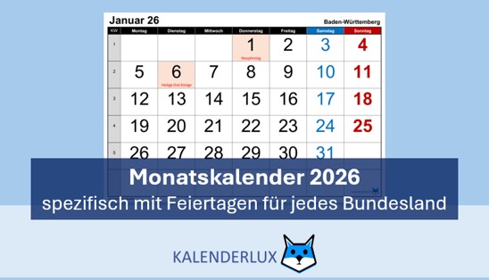 Monatskalender 2026 Vorlage Excel und PDF