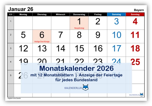 Monatskalender 2026 zum Ausdrucken