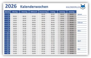 Kalenderwochen 2026 - Vorlage für Excel, als PDF und JPG - Kalenderlux