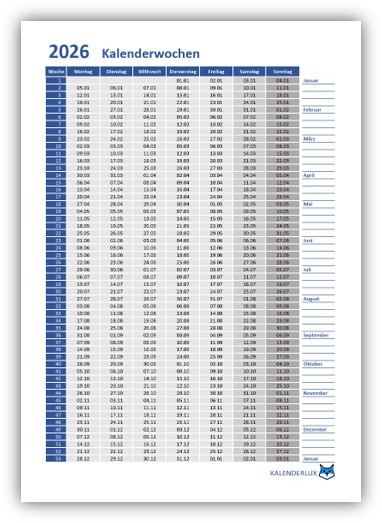 Kalenderwochen 2026 Vorlage
