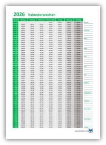 Kalenderwochen 2026 - Vorlage für Excel, als PDF und JPG - Kalenderlux