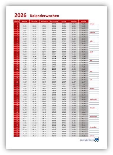 Kalenderwochen 2026 Vorlage