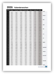 Kalenderwochen 2026 - Vorlage für Excel, als PDF und JPG - Kalenderlux