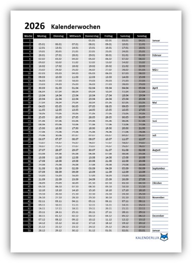 Kalenderwochen 2026 Vorlage