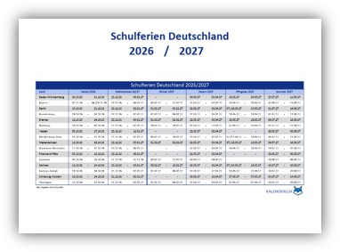 Schulferienübersicht 2026/2027 blau