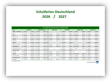Schulferienübersicht 2026/2027 grün