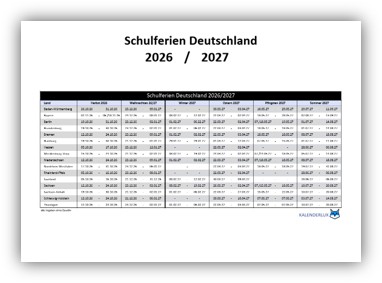 Schulferienübersicht 2026/2027 schwarz