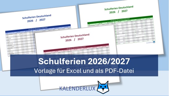 Schulferien 2026/2027 - Vorlage für Excel und als PDF