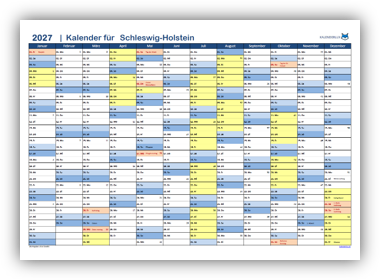 Jahreskalender 2027 Schleswig-Holstein