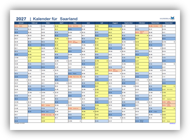 Jahreskalender 2027 Saarland