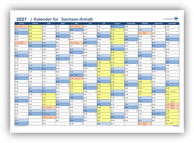 Jahreskalender 2027 Sachsen-Anhalt
