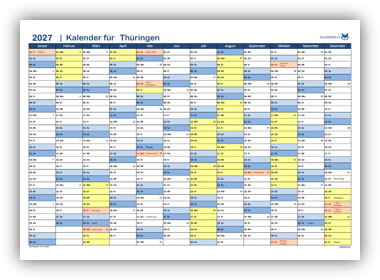 Jahreskalender 2027 Thüringen